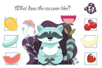 Puzzle game for preschool children. What a raccoon likes. Vector