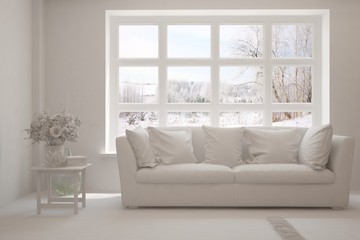 Mock up of stylish room in white color with sofa and winter landscape in window. Scandinavian interior design. 3D illustration