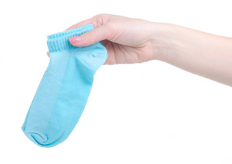 Hand holding blue socks fashion on white background isolation