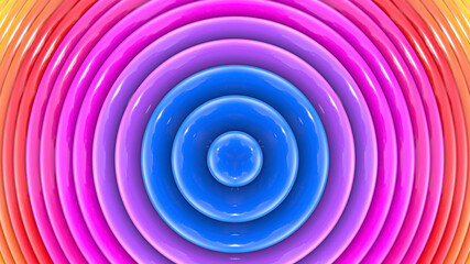 3d render rainbow colors background with beatiful stripes as creative backdrops with extruded simple geometry. Circles