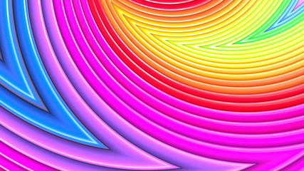 3d render rainbow colors background with beatiful stripes as creative backdrops with extruded simple geometry. Сurled lines
