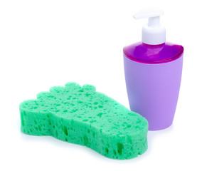Green soft foot shower sponge and liquid soap with dispenser hygiene on white background isolatione