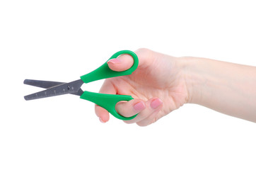 Hand holding green office stationery scissors cutting on white background isolation