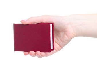 Hand holding identity card document certificate on white background isolation