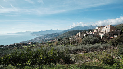 Fototapeta na wymiar Panoramic view of the traditional village Borgio Verezzi, located in Liguria, facing the Italian riviera