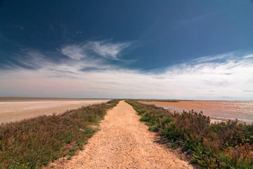 A dirt road crosses the lagoons of the Camargue, France.