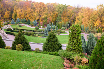 Landscape of autumnal city park. Green and yellow trees.