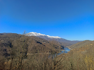 mountain falakro and river nestos bridge in drama town, greece