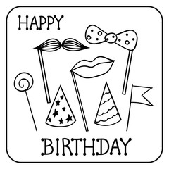 Holiday attributes for a birthday. Mustache, paper caps, lips, bow tie.Vector illustration in Doodle style isolated on a white background.Traditional elements for design invitations,banners,cards.