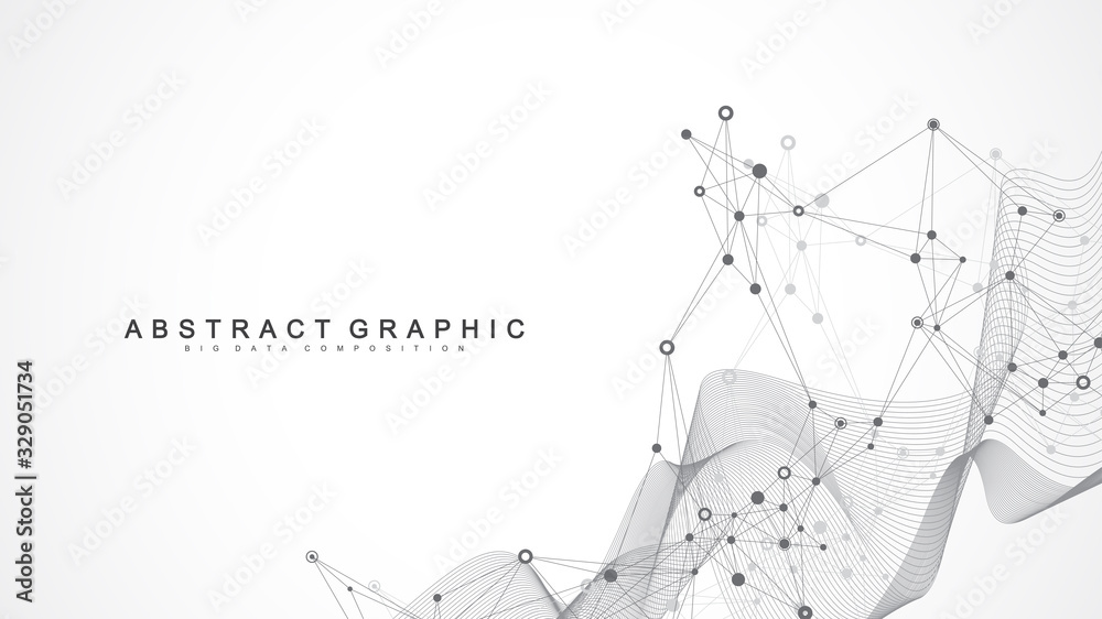 Poster Geometric abstract background with connected line and dots. Network and connection background for your presentation. Graphic polygonal background. Wave flow. Scientific vector illustration.
