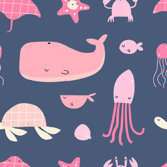 Vector hand-drawn color children's seamless repeating pattern with sea inhabitants in the Scandinavian style on a blue background. Marine pattern. Ocean pattern. Cute baby animals. Underwater. Sea.