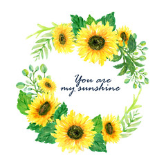 Spring summer botanical sunflower blossom foliage bouquet watercolor colorful  wreath for wedding party for invitation card party flower and plants