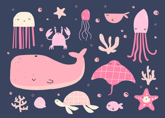 Vector hand-drawn colored children’s set with cute Scandinavian-style water inhabitants on a blue background. Cute baby animals. Whale, crab, turtle, octopus, stingray, jellyfish. Underwater life