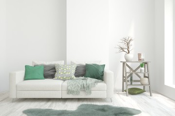 Modern living room in white color with sofa. Scandinavian interior design. 3D illustration