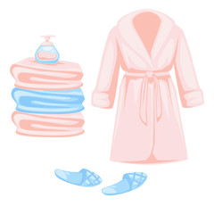 Bathrobe and slippers, towels stack and soap, isolated icons