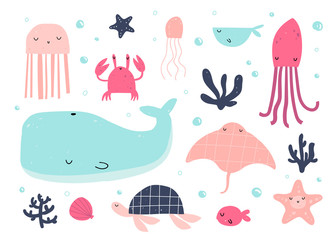 Vector hand-drawn colored children’s set with cute Scandinavian-style water inhabitants on a white background. Cute baby animals. Whale, crab, turtle, octopus, stingray, jellyfish. Underwater life