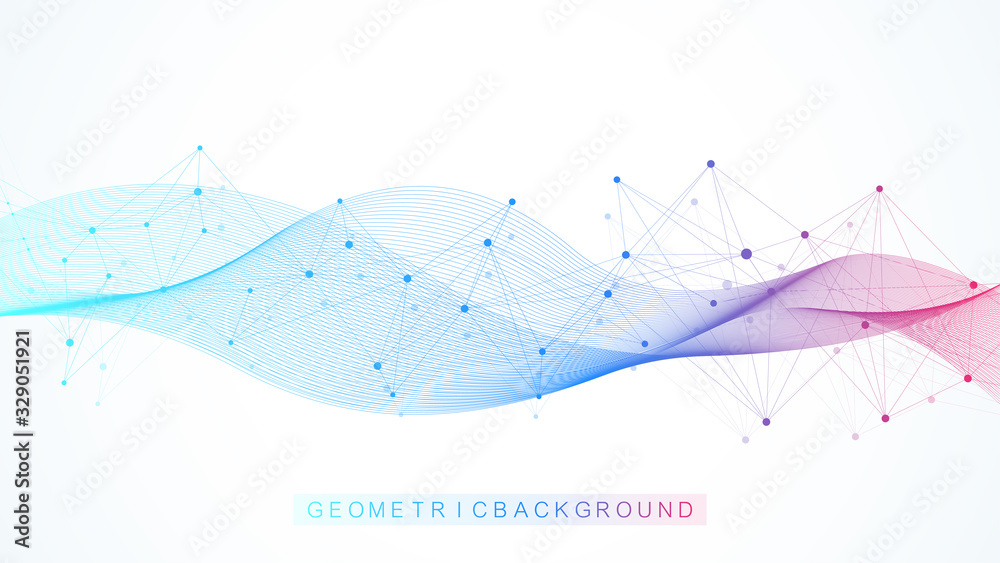 Aufkleber Big data visualization. Wave flow background. Graphic abstract background communication. Perspective backdrop visualization. Analytical network visualization. Vector illustration.