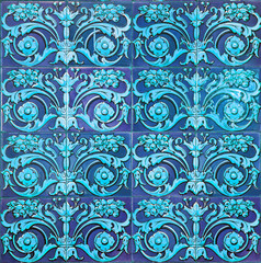 Blue decorative background in pattern floral mosaic style, backdrop, wallpaper
