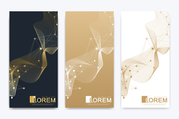 Modern set of vector medical scientific flyers. Geometric abstract presentation Structure molecule atom dna and communication background. Concept for medicine, science, technology, chemistry.