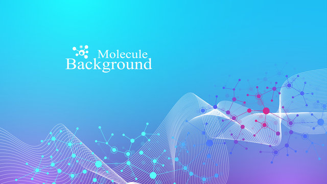 Colorful molecules background. DNA helix, DNA strand, DNA Test. Molecule or atom, neurons. Abstract structure for science or medical background, banner. Scientific molecular vector illustration