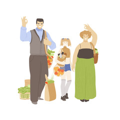 Happy family of man, woman and teen girl holding zero waste products in hands - reusable mug, bags, ecology zero waste kitchen and hygiene products. Ecology Lifestyle concept with joyful family.