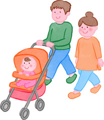 赤ちゃんベビーカーとパパとママ　水彩