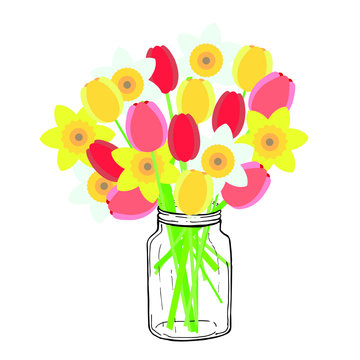 Tulip, deffodil bouket in jar. Art spring yellow, red, pink, white flowers design element stock vector object iolated for web, for print