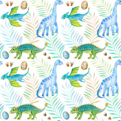 Watercolor Seamless Pattern with Tropical Leaves and Cute Dinosaurs. Colorful Hand Drawn Childish Dino Illustration  For Gift Wrapping, Textile, Background of Web Pages, Print for any Printing Product