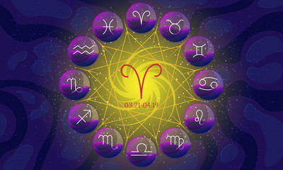 Image of zodiac wheel or circle with twelve zodiac sign symbols closed in glass spheres. Astrological calendar isolated on night starry sky with aries sign and date range in the center.