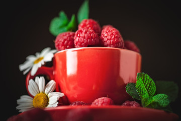 Raspberry in a red cup with chamomile and leaves on a dark background. Summer and healthy food concept. Selective focus.