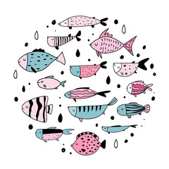 Vector color hand-drawn contour children`s set with different fish in the Scandinavian style on a white background. Undersea world. Sea inhabitants. Isolated objects on white background. Cute animals.