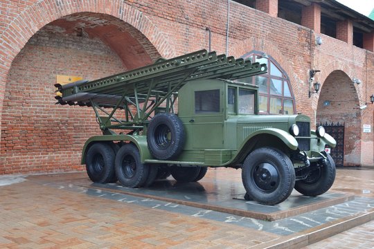 RUSSIA-NIZHNY NOVGOROD,SEPTEMBER 3, 2014: BM-13 Katyusha-the Soviet war machine rocket artillery, an exhibition of military equipment in the Nizhny Novgorod Kremlin