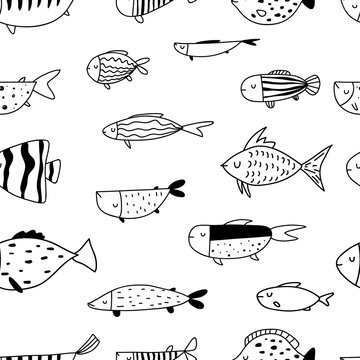 Vector seamless repeating black and white hand-drawn linear ink doodle kids pattern with different fishes in scandinavian style on a white background. Pattern with doodles of fish. Underwater,aquarium