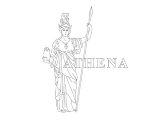 Athena. Greek Goddess of reason, wisdom, intelligence, skill, peace, warfare, battle strategy, and handicrafts. Editable line drawing illustration with antiqua text