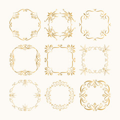 Set of calligraphic golden borders. Filigree and flourishes elements. Vector isolated illustration.