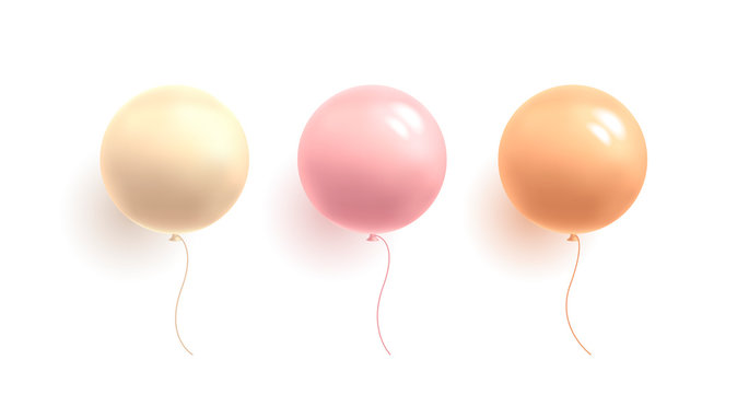 Set of glossy pastel colour gentle girlish balloons in round shape, 3d sphere, isolated vector illustration