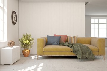 Modern living room in white color with sofa. Scandinavian interior design. 3D illustration