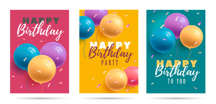Happy birthday greeting cards poster set with bright 3d round shaped air balloons and calligraphy greeting for girls and boys, template layout concept