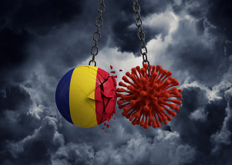 Obraz premium Virus microbe smashing into Romania flag ball. 3D Render