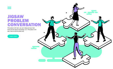team standing on a jigsaw puzzle and discussion vector