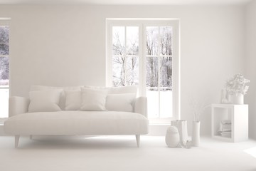 Mock up of stylish room in white color with sofa and winter landscape in window. Scandinavian interior design. 3D illustration