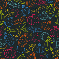 Fun hand drawn halloween background, colorful pumpkin seamless pattern, great for textiles, banners, wallpapers, wrapping - vector design