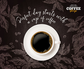 Top view of cup of coffee with sketch coffee tree branches on chalkboard background. Vector illustration for advertising poster with hand drawn and realistic mug