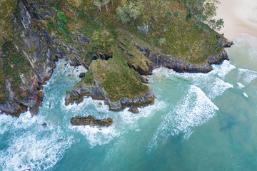 Aerial view of the coast around La Franca beach, Coastal landscape, Cantabrian Sea, Ribadedeva, Asturias, Spain, Europe