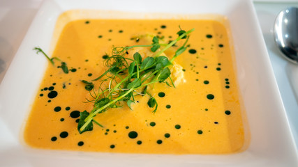 Delicious orange thick pumpkin puree soup, in white square bowl, decorated with herbs on table in restaurant or in kitchen. Selective focus. Close-up.