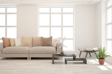 Modern living room in white color with sofa. Scandinavian interior design. 3D illustration