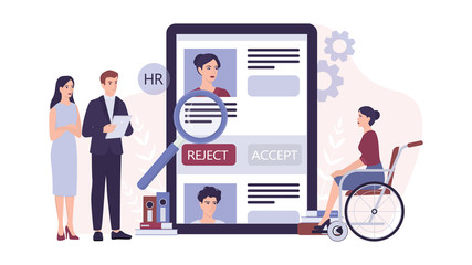 Recruitment ableism concept. HR specialist reject an young disabled