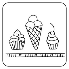 Holiday attributes for a party time . Cupcake  and ice cream.Vector illustration in Doodle style isolated on white background.Traditional design elements for invitations, banners, and postcards.