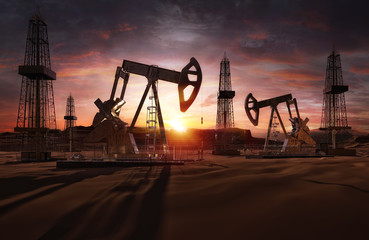 Saudi price war, oil market prices drop concept. Oil pumps, drilling derricks from oil field silhouette at sunset. Crude oil industry, petroleum production 3D background with pump jacks, drill rigs
