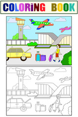 Set children coloring book and color picture. Airport passenger called a taxi.